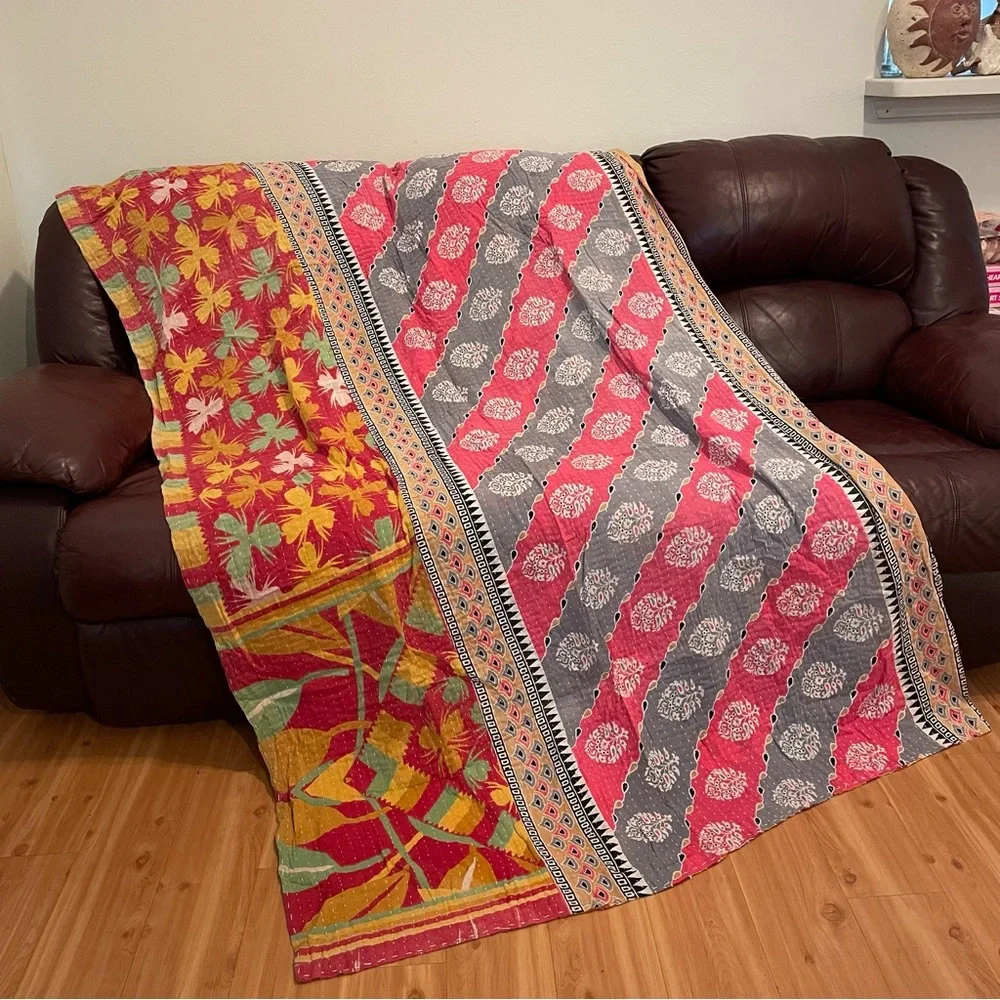 KANTHA QUILT Double Sided Lightweight Colorful XL Twin Spring Summer Blanket